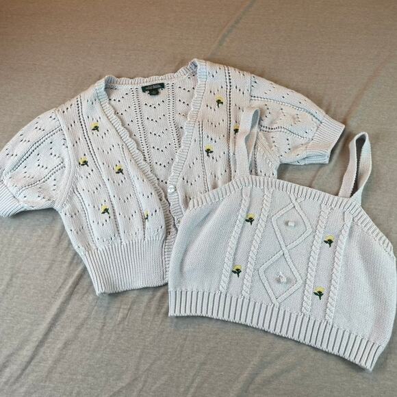 Blue Knit Tank Top & Cardigan Sweater Set Flowers Dainty M Pastel Floral - Picture 1 of 7
